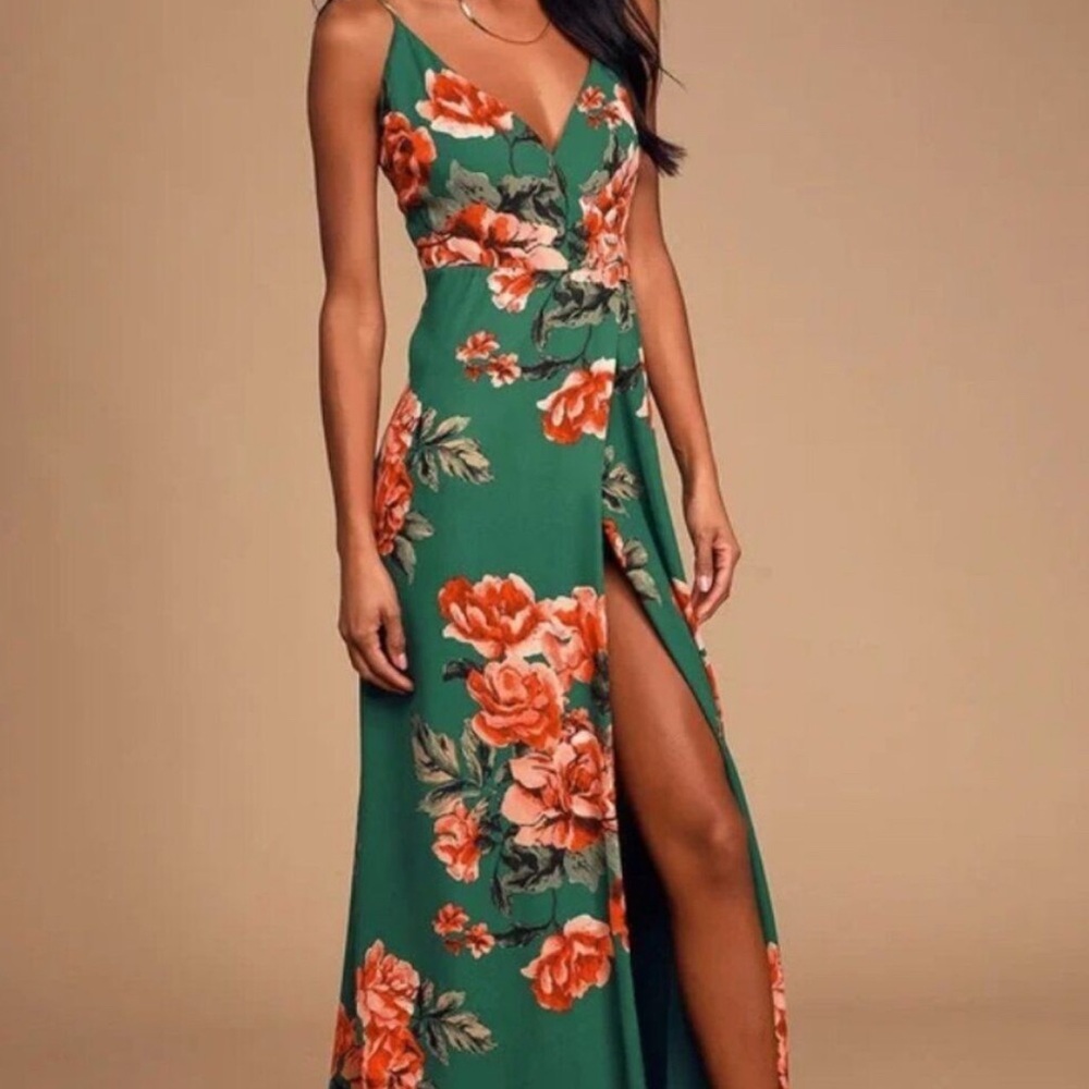 Lulus Women Green And Pink Floral Full Length Dress, M, NWT